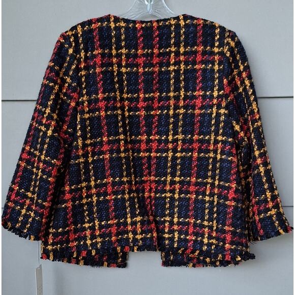 Tweed Bouclé Lady Jacket Fall Winter Blazer Plaid Black Orange-Red Yellow Size S - Picture 4 of 11